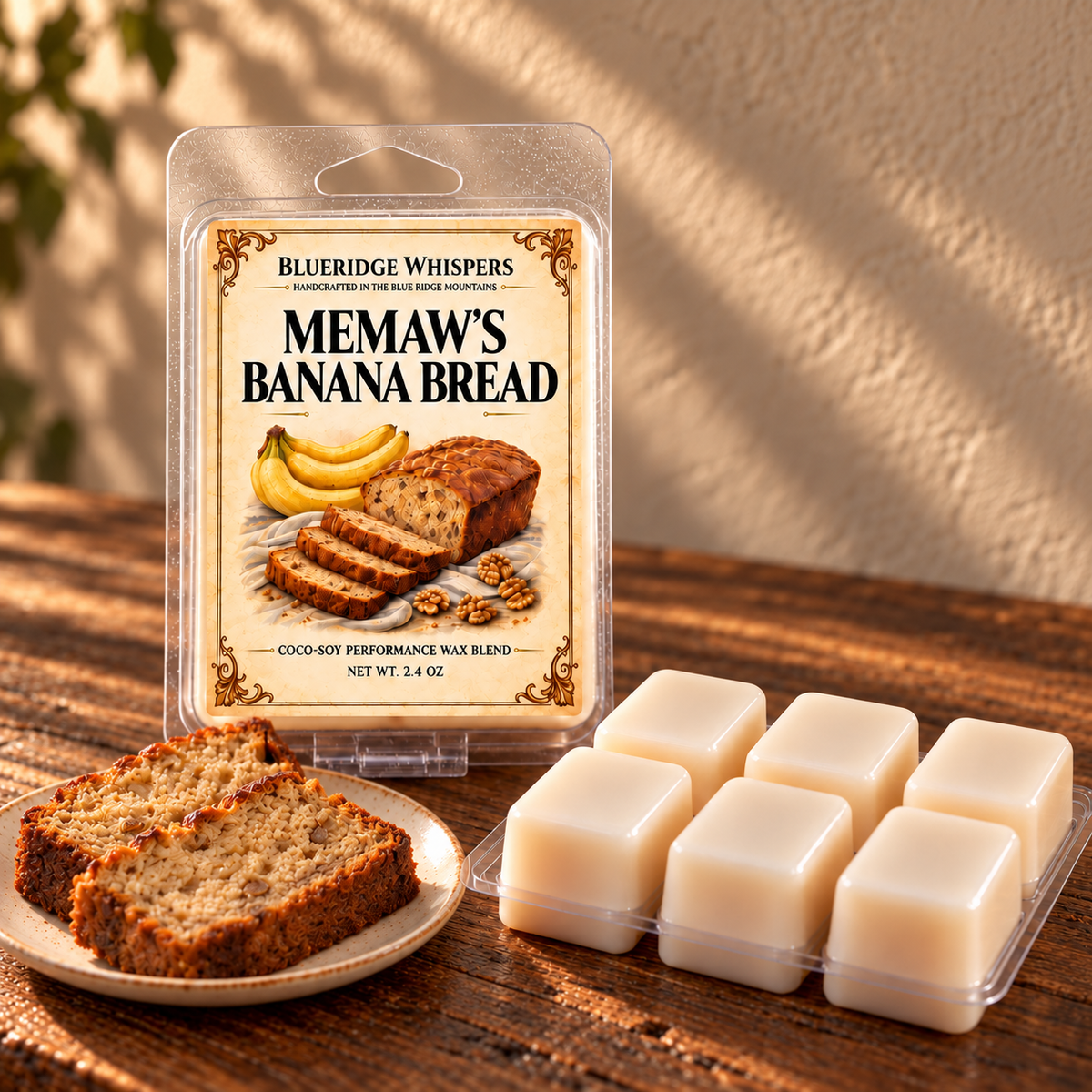 Memaw’s Banana Bread – Warm Baked Wax Melts on a dark rustic wooden table with scent accents in warm natural light.