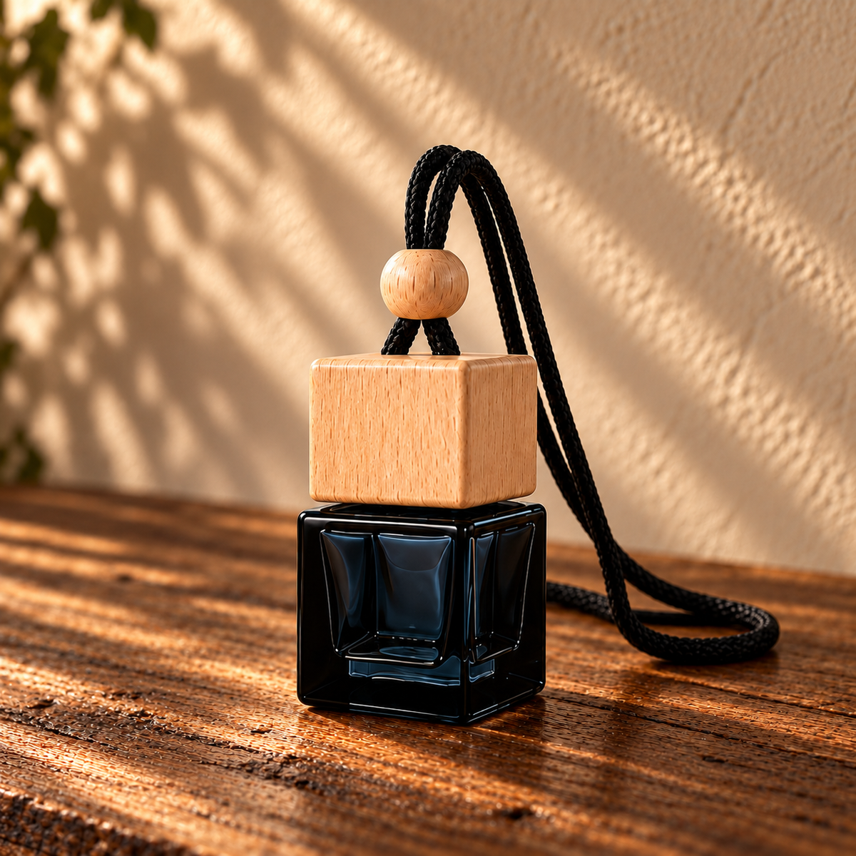Black Cube Car Diffuser on a dark rustic wooden table in warm natural light.