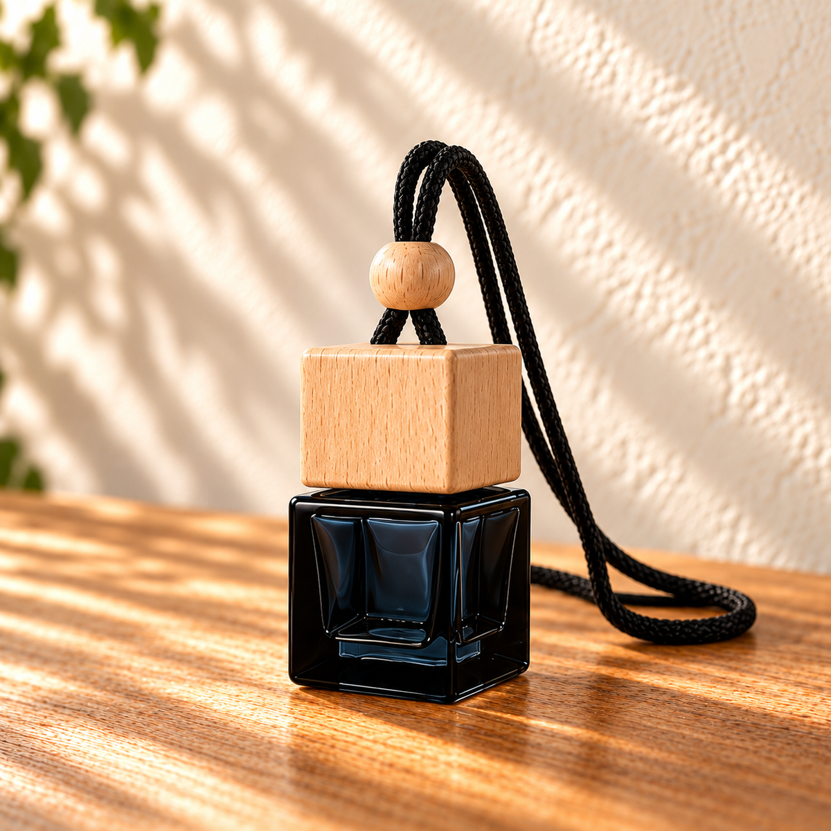Black Cube Car Diffuser on sunlit wood against an ivory wall.