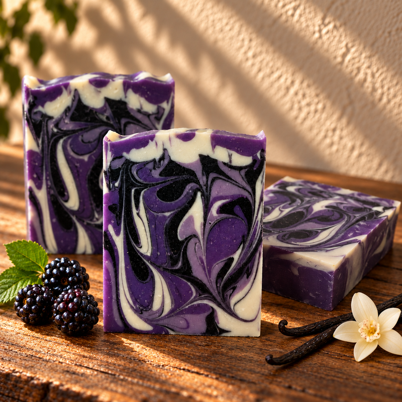 Black Raspberry Vanilla Handcrafted Soap on a dark rustic wooden table with scent accents in warm natural light.