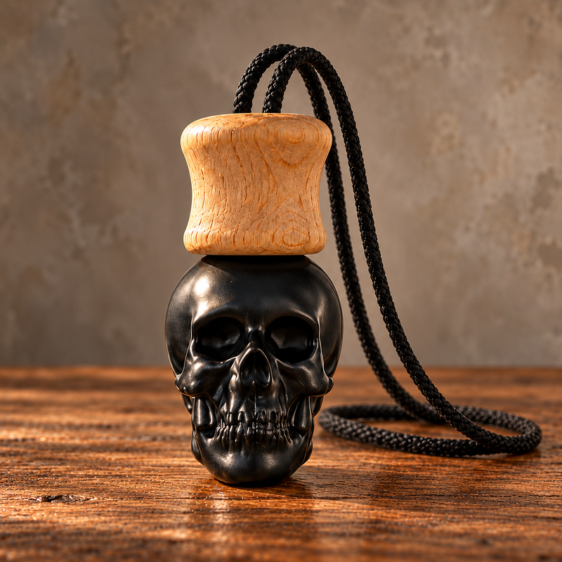 Black Skull - Hanging Car Freshener in a neutral rustic indoor setting