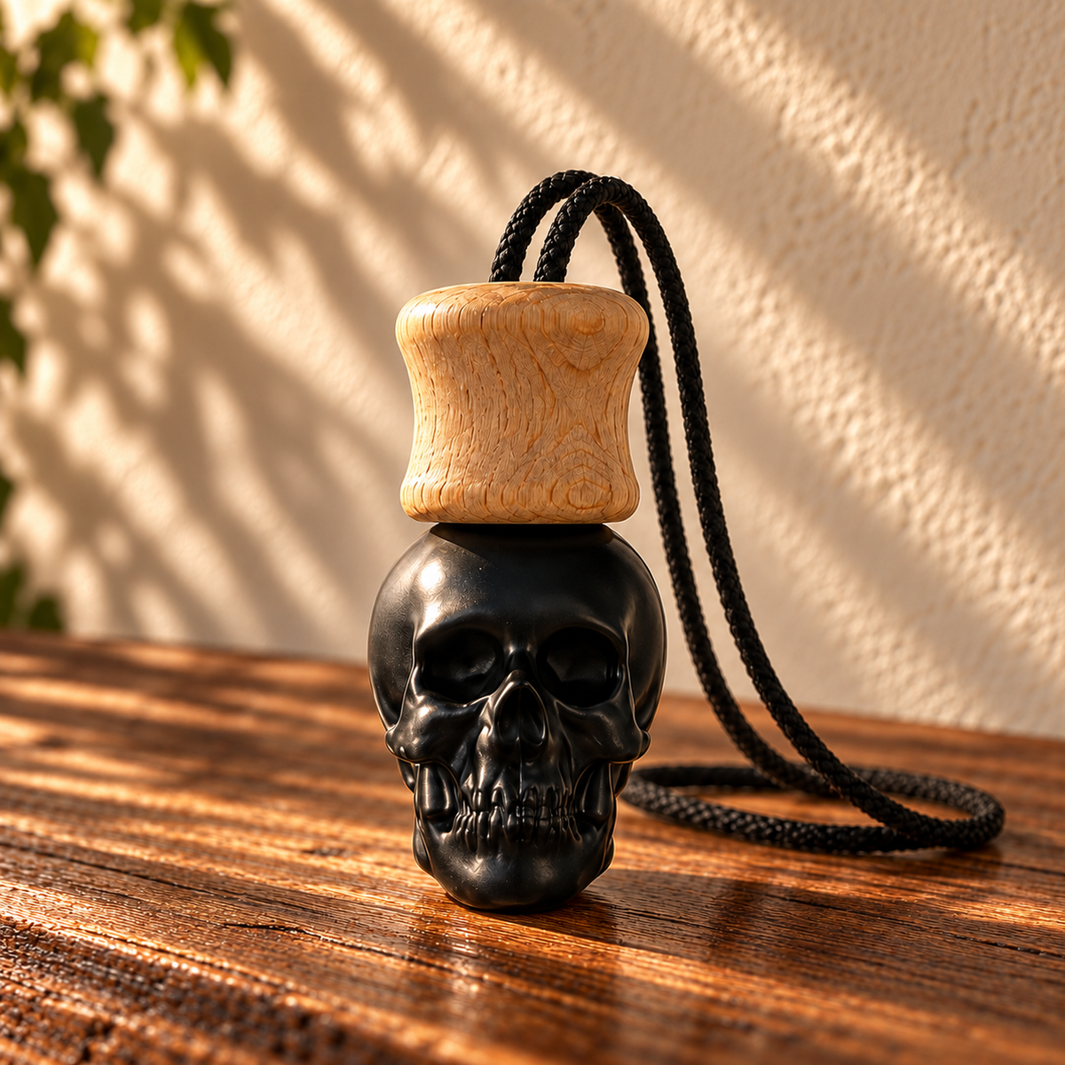 Black Skull - Hanging Car Freshener on a dark rustic wooden table in warm natural light.