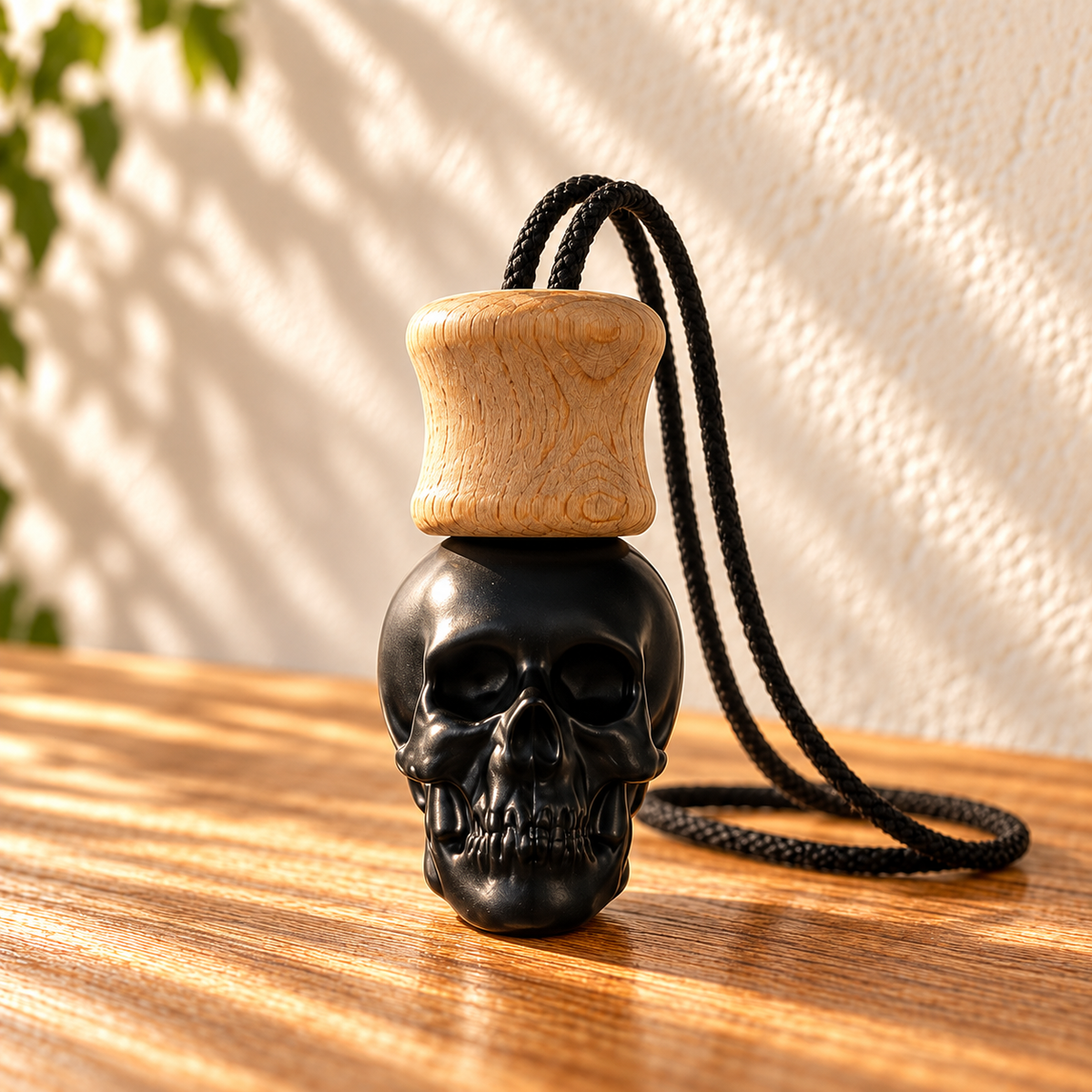 Black Skull - Hanging Car Freshener on sunlit wood against an ivory wall.