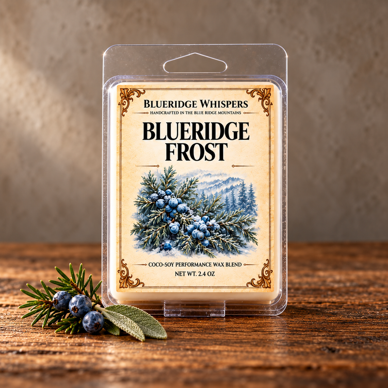 Blue Ridge Frost Wax Melts on weathered wood against a neutral plaster wall with scent accents.