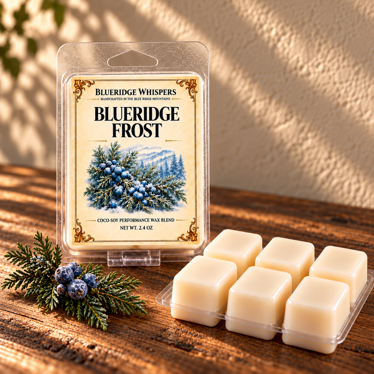 Blue Ridge Frost on a dark rustic wooden table with scent accents in warm natural light.