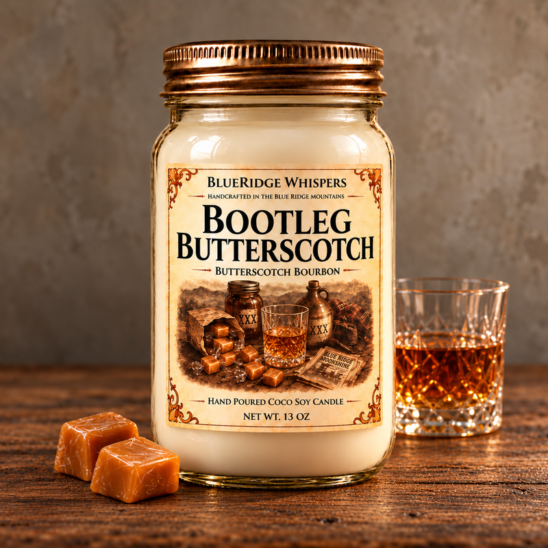 Bootleg Butterscotch – Bourbon Coco-Soy Candle on weathered wood against a neutral plaster wall with small scent accents.