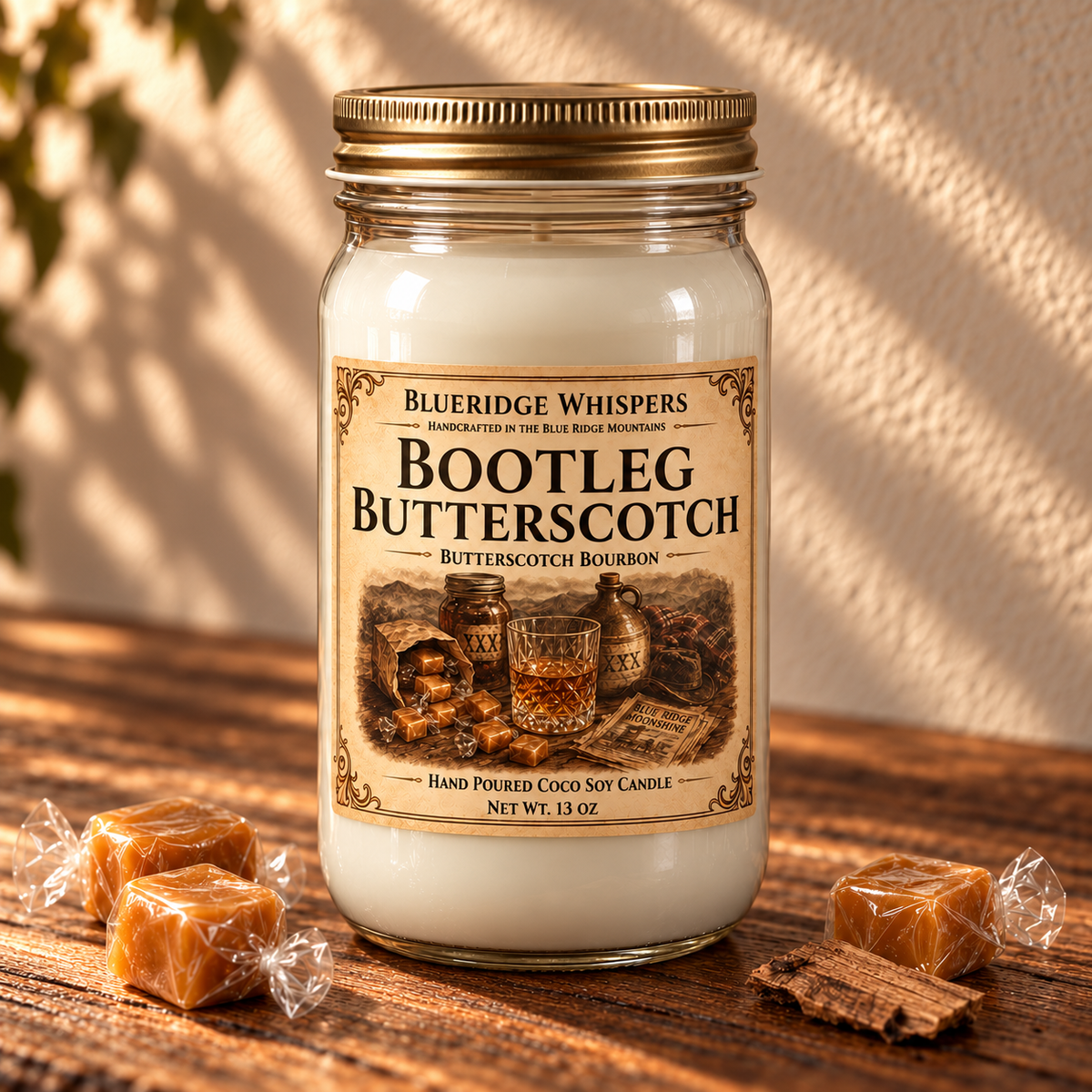 Bootleg Butterscotch – Bourbon Coco-Soy Candle on a dark rustic wooden table with scent accents in warm natural light.