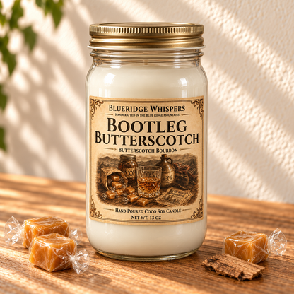 Bootleg Butterscotch – Bourbon Coco-Soy Candle in a tall gold-lidded mason jar on sunlit wood with scent accents.