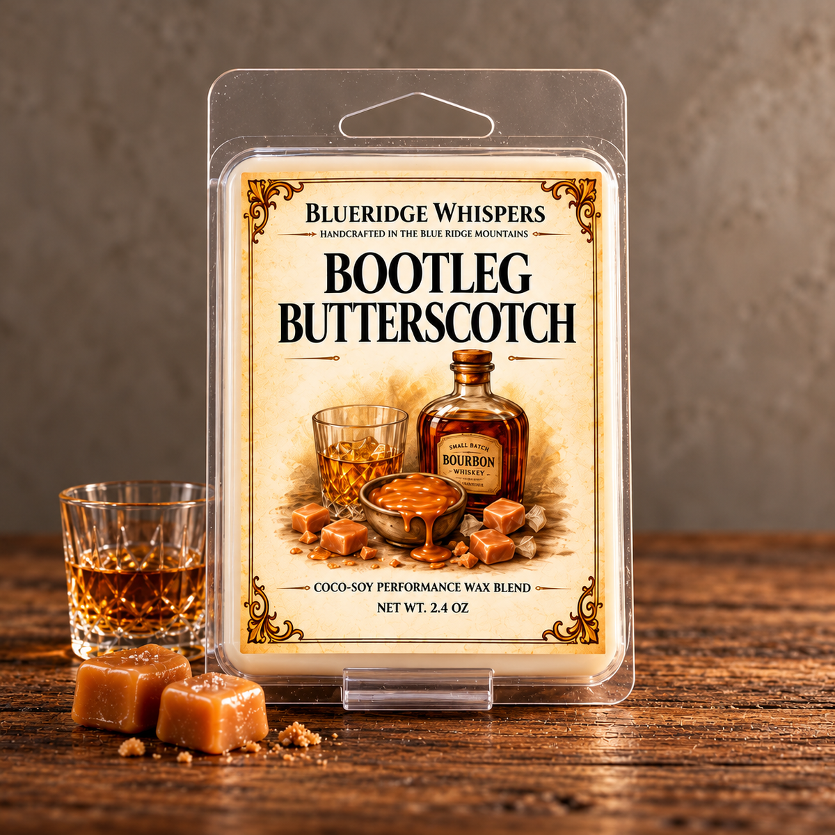 Bootleg Butterscotch Wax Melts on weathered wood against a neutral plaster wall with scent accents.