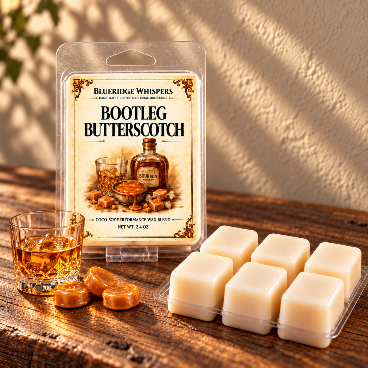 Bootleg Butterscotch Wax Melts on a dark rustic wooden table with scent accents in warm natural light.