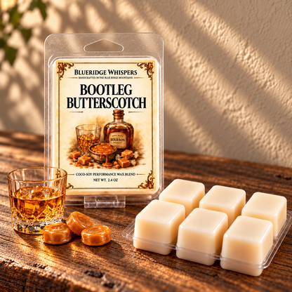 Bootleg Butterscotch Wax Melts on a dark rustic wooden table with scent accents in warm natural light.
