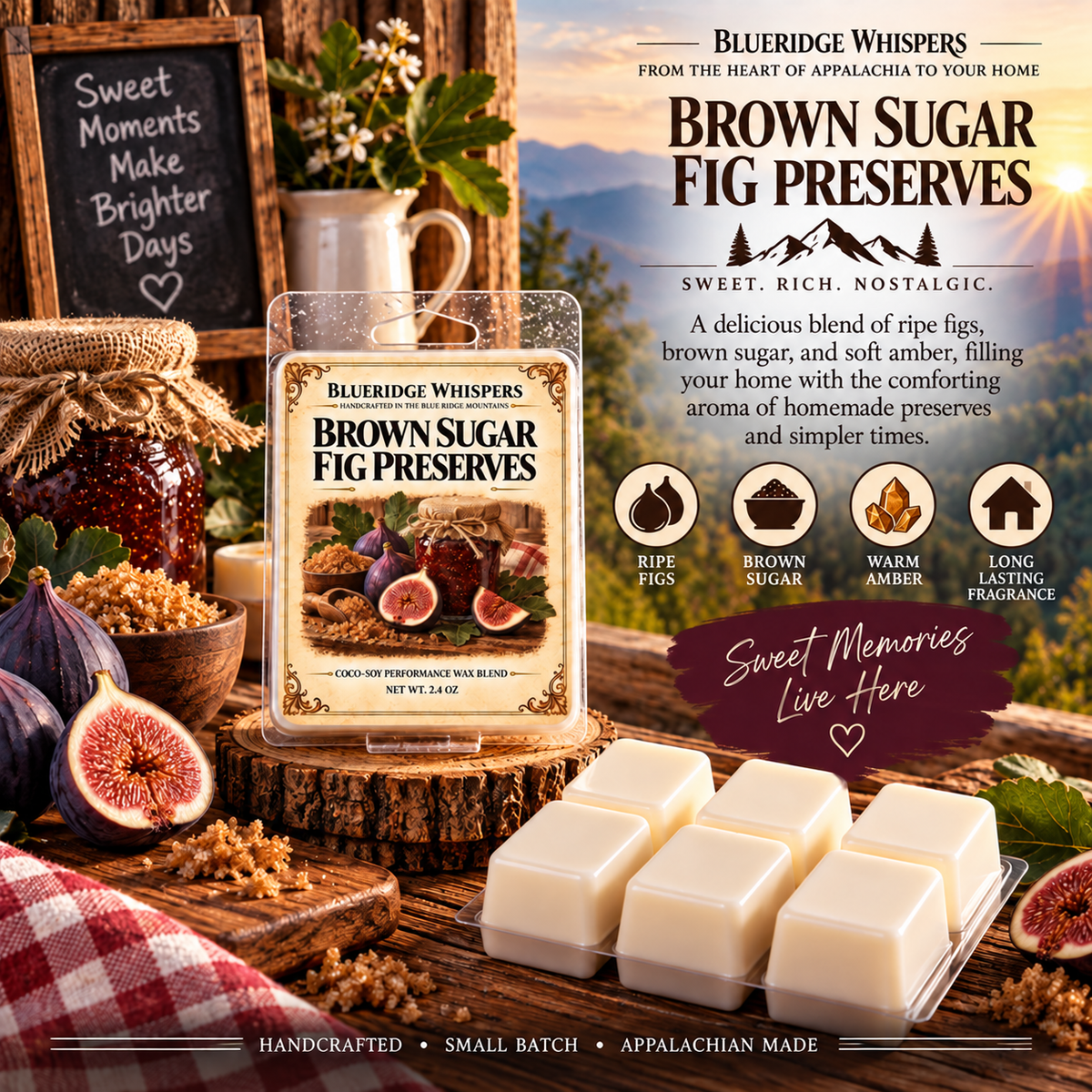 Brown Sugar Fig Preserves wax melt clamshell and six ivory wax cubes with figs and preserves in an Appalachian setting.