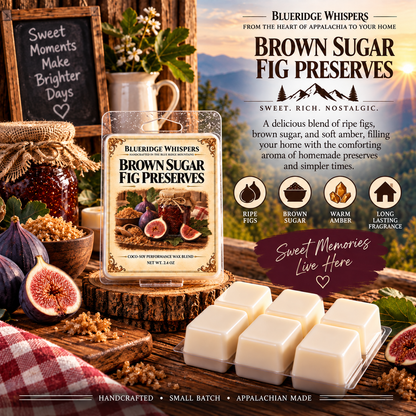 Brown Sugar Fig Preserves wax melt clamshell and six ivory wax cubes with figs and preserves in an Appalachian setting.