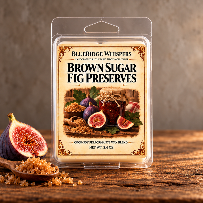 Brown Sugar Fig Preserves Wax Melts – Fig, Brown Sugar & Amber on weathered wood against a neutral plaster wall with scent accents.