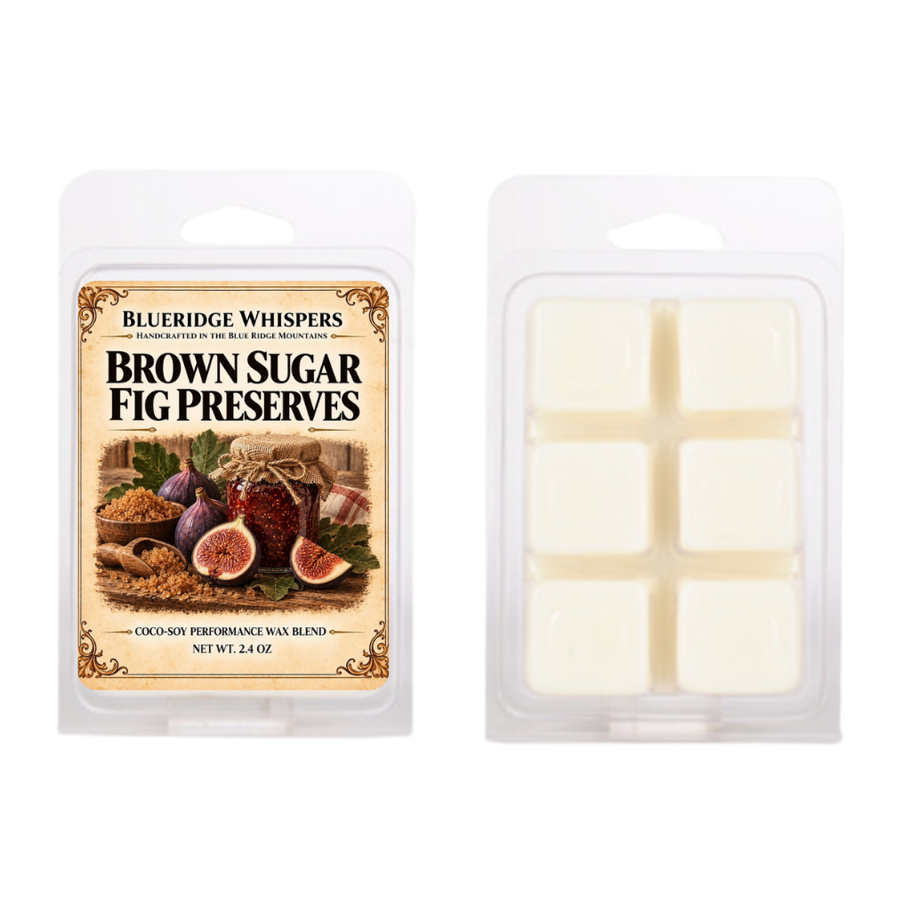 Brown Sugar Fig Preserves 2.4 oz coco-soy wax melts by BlueRidge Whispers, front label and six-cube clamshell.