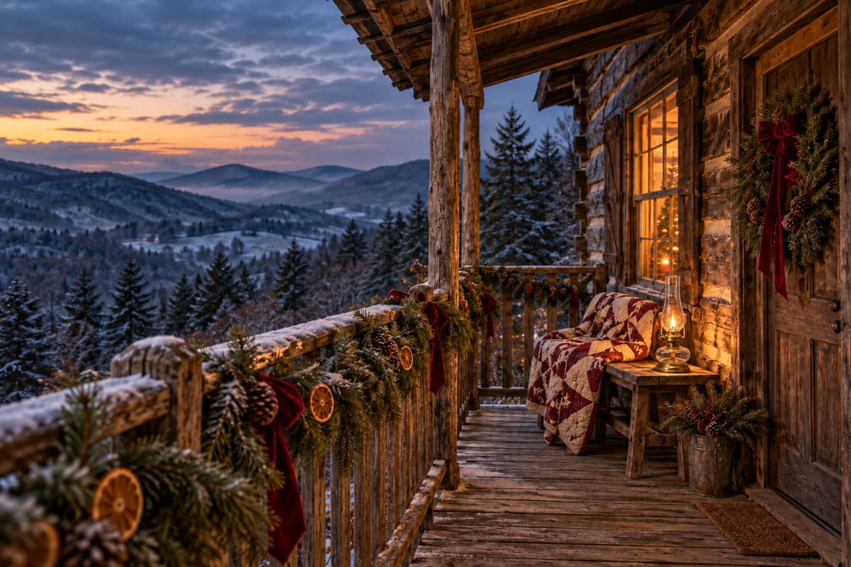 An antique glass oil lamp glowing beside a quilt on a snowy Appalachian Christmas porch