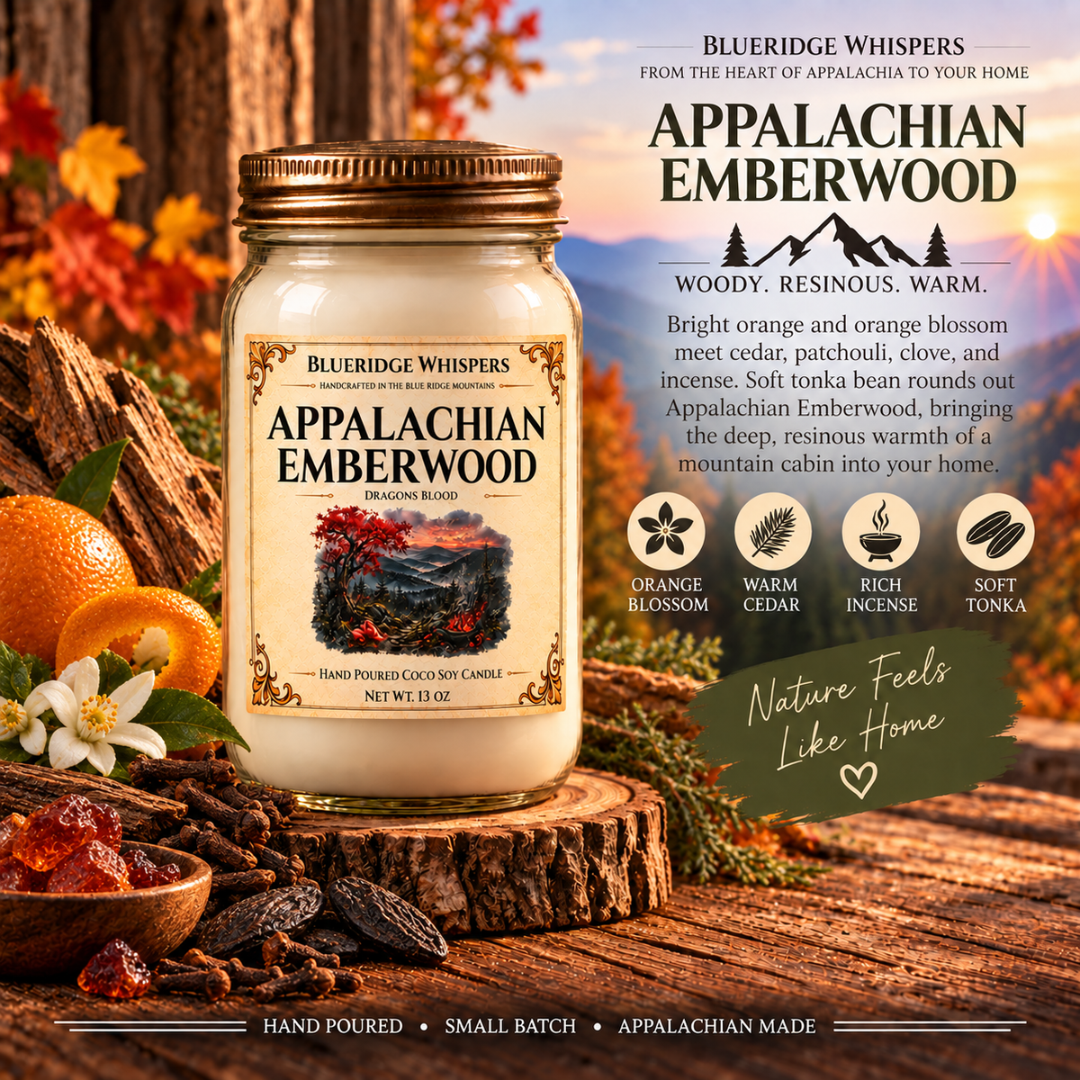Appalachian Emberwood – Dragon’s Blood Coco-Soy Candle with its existing label and scent accents against the Blue Ridge Mountains.