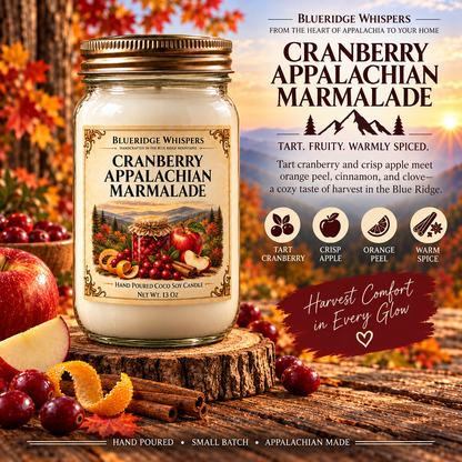 Cranberry Appalachian Marmalade candle in a gold-lidded mason jar, with cranberry, apple, orange peel and spice accents against autumn Blue Ridge Mountains.