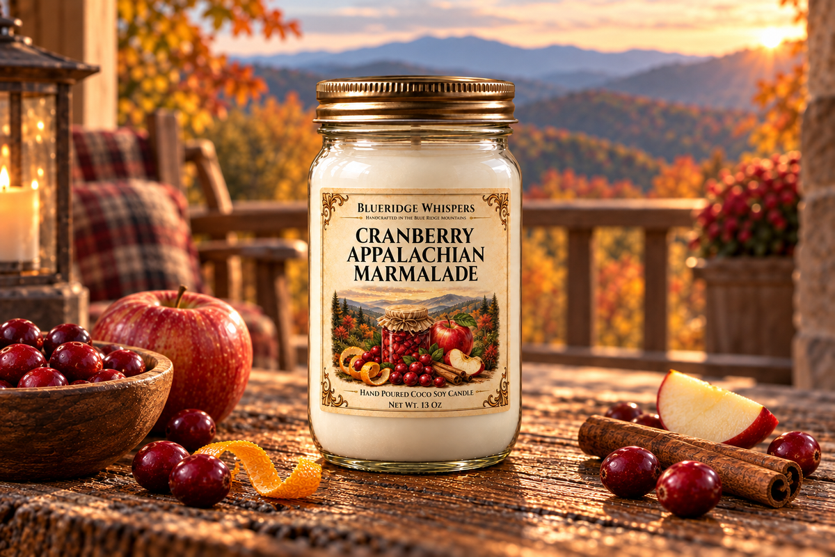 Cranberry Appalachian Marmalade candle on an autumn Appalachian porch with a mountain view, plaid throw and cranberry, apple, citrus and cinnamon accents.