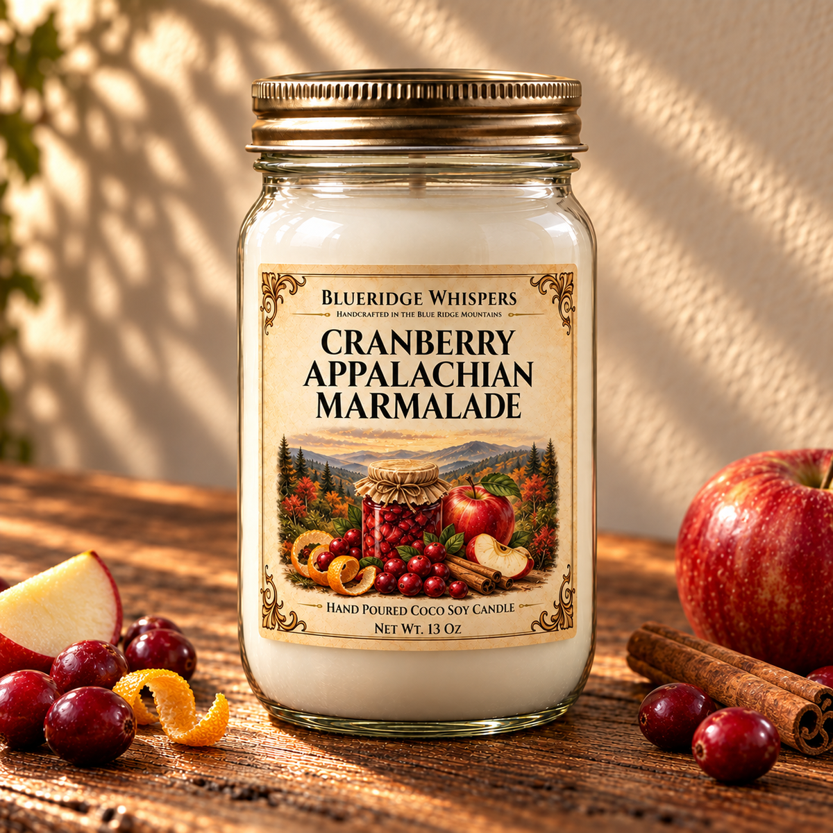 Cranberry Appalachian Marmalade candle on a rustic wooden table with cranberries, apple, orange peel and cinnamon in warm natural light.