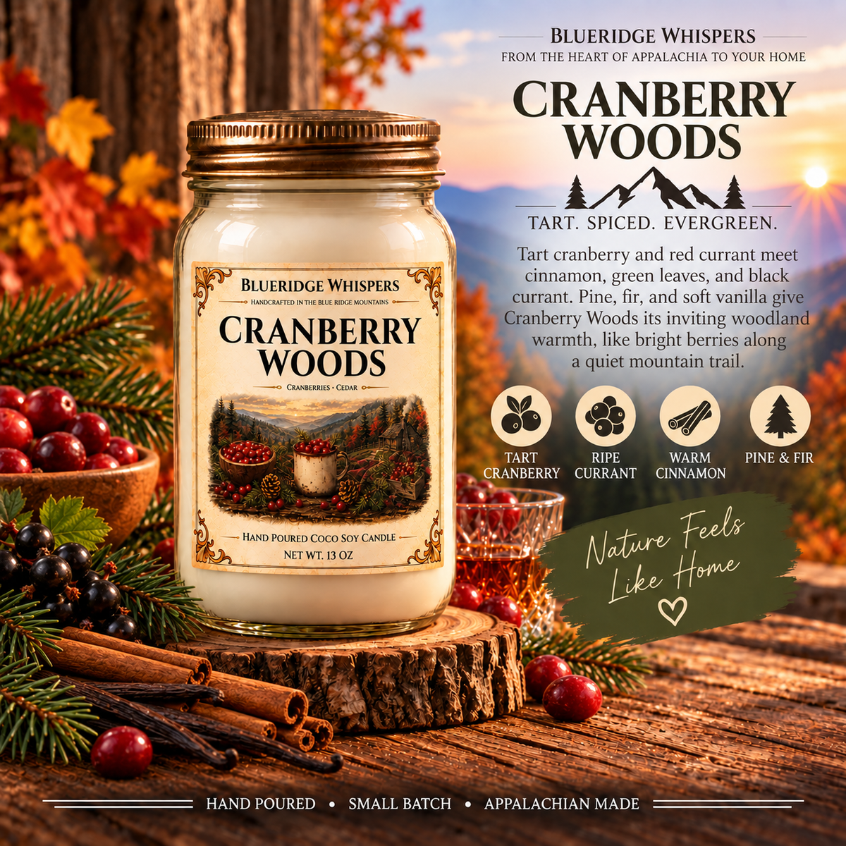 Cranberry Woods – Spiced Berry Coco-Soy Candle with its existing label and scent accents against the Blue Ridge Mountains.