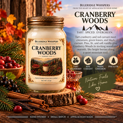 Cranberry Woods – Spiced Berry Coco-Soy Candle with its existing label and scent accents against the Blue Ridge Mountains.
