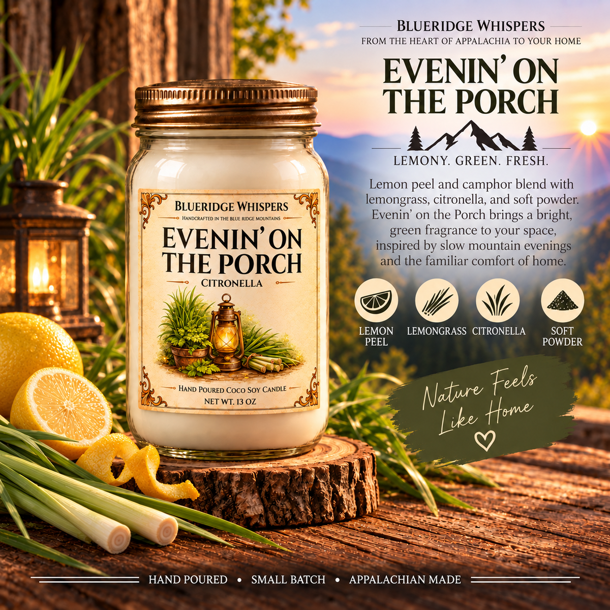 Evenin’ on the Porch – Citronella Coco-Soy Candle with its existing label and scent accents against the Blue Ridge Mountains.