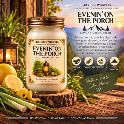 Evenin’ on the Porch – Citronella Coco-Soy Candle with its existing label and scent accents against the Blue Ridge Mountains.