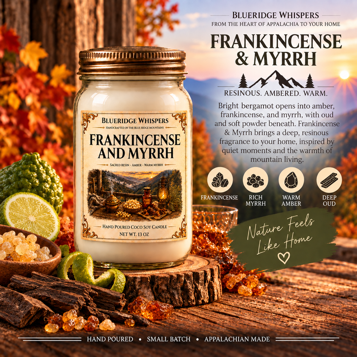 Frankincense & Myrrh – Resinous Coco-Soy Candle with its existing label and scent accents against the Blue Ridge Mountains.