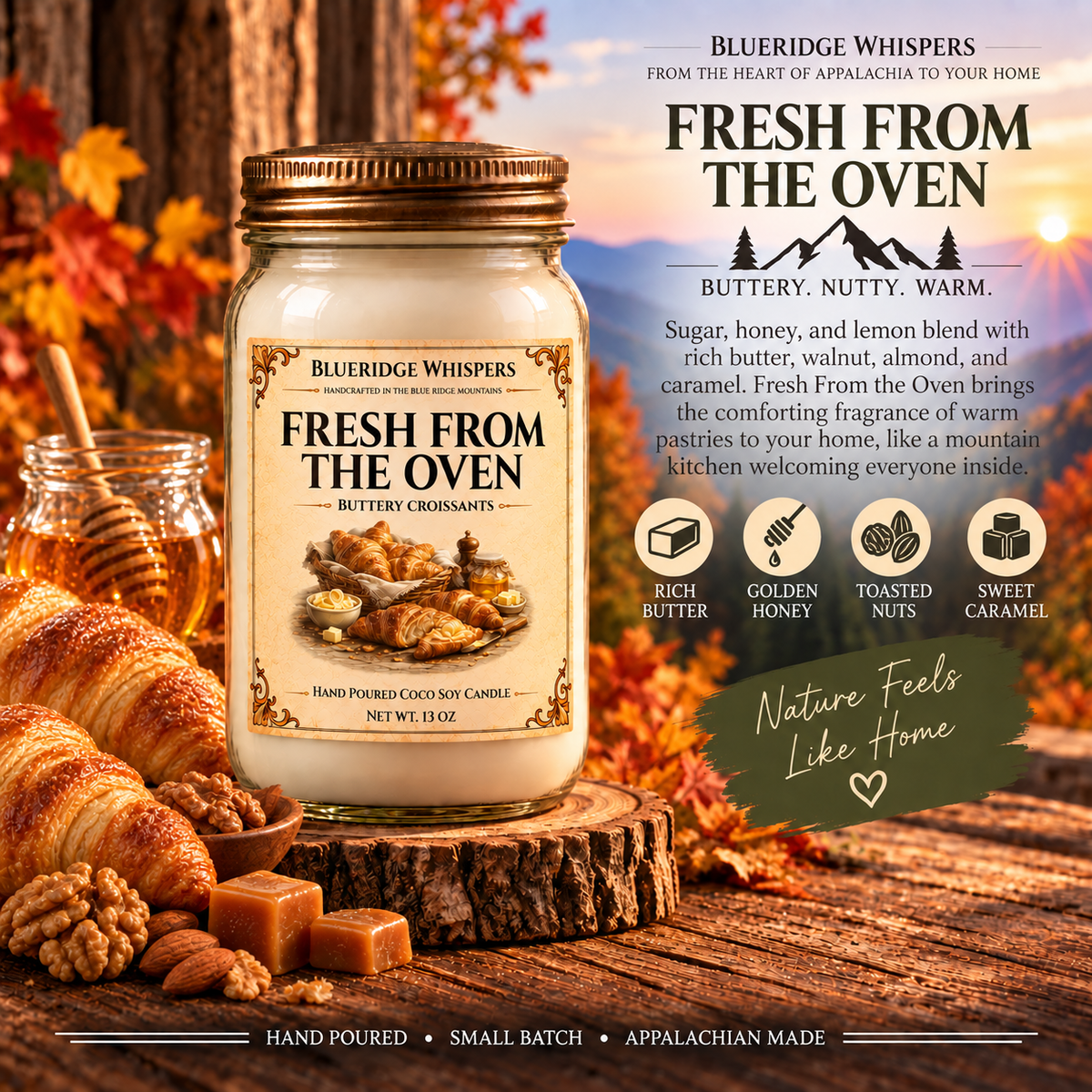 Fresh From the Oven – Warm Croissant Coco-Soy Candle with its existing label and scent accents against the Blue Ridge Mountains.
