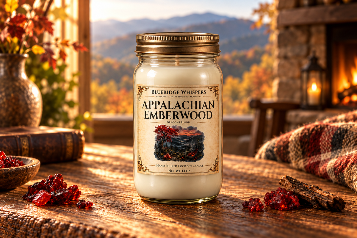 BRW Hero — Appalachian Emberwood – Dragon’s Blood Coco-Soy Candle in an Appalachian home