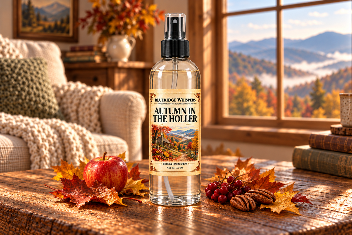Autumn in the Holler Room & Fabric Spray, net wt 7 oz, in a clear fine-mist bottle beside a Blue Ridge mountain window