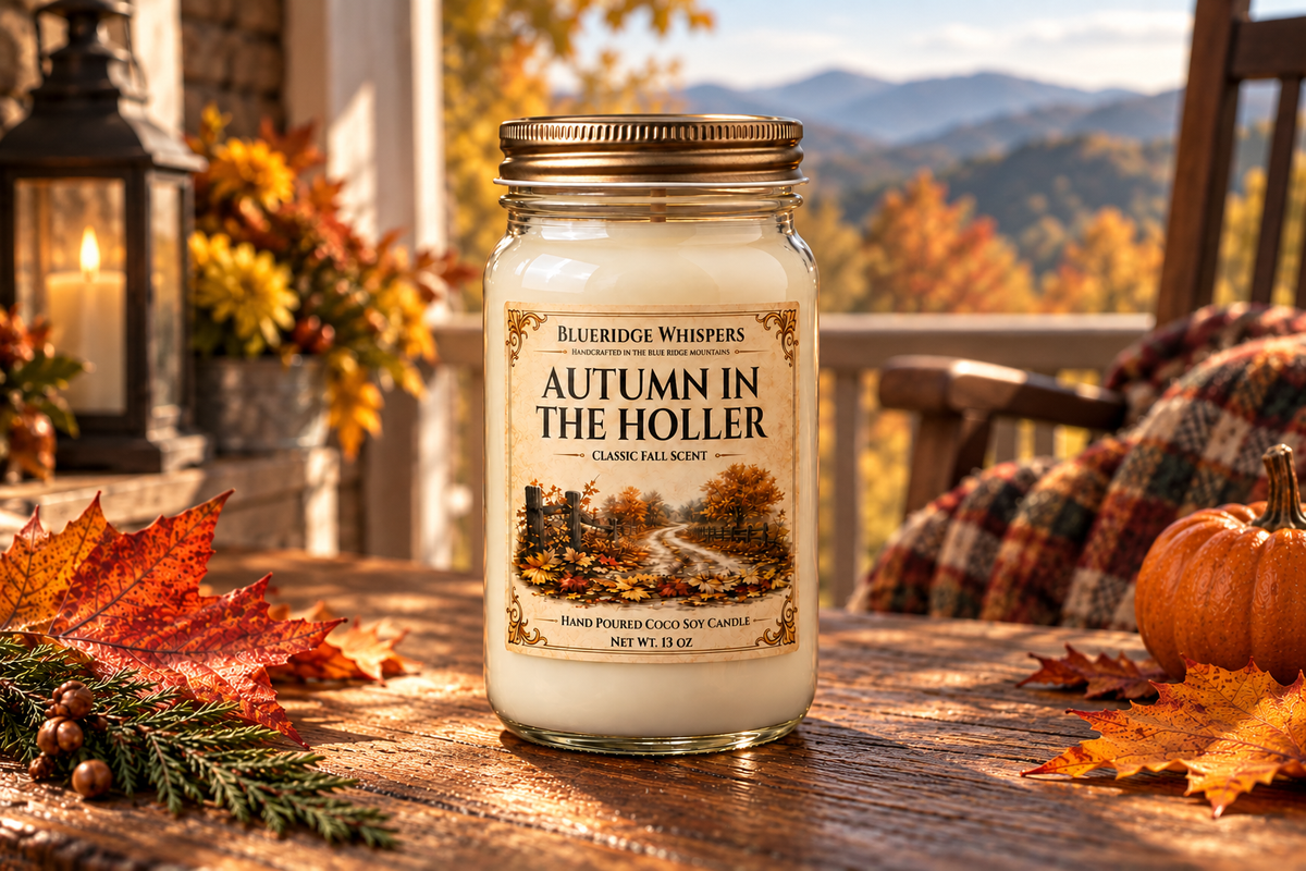 BRW Hero — Autumn in the Holler – Fallen Leaves Coco-Soy Candle in an Appalachian home