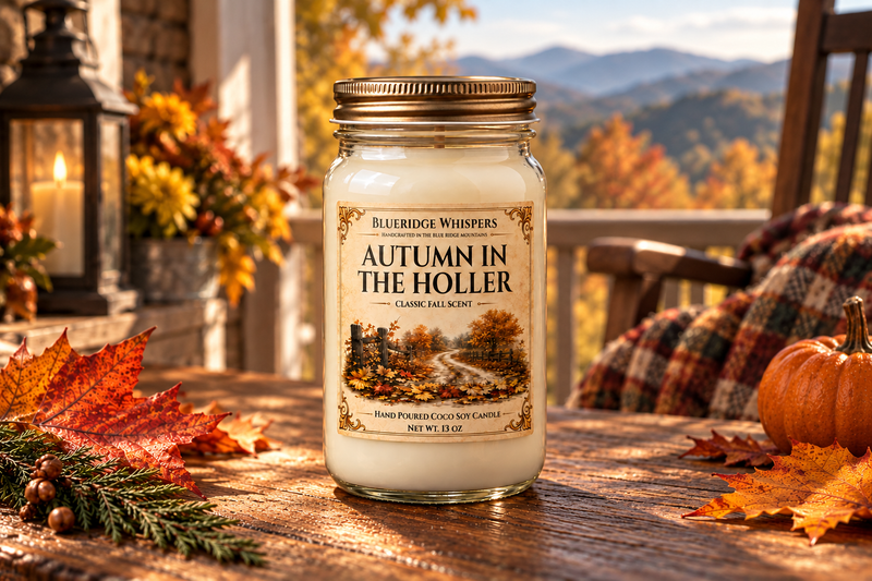 BRW Hero — Autumn in the Holler – Fallen Leaves Coco-Soy Candle in an Appalachian home