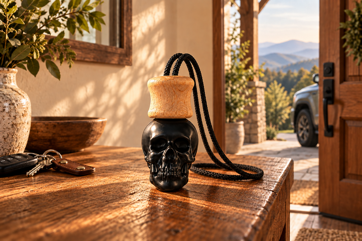 BRW Hero — Black Skull - Hanging Car Freshener in an Appalachian home