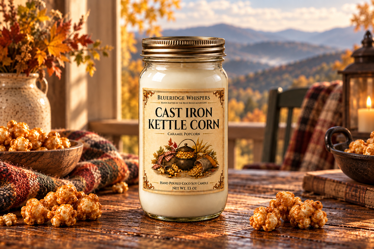 BRW Hero — Cast Iron Kettle Corn – Caramel Popcorn Coco-Soy Candle in an Appalachian home