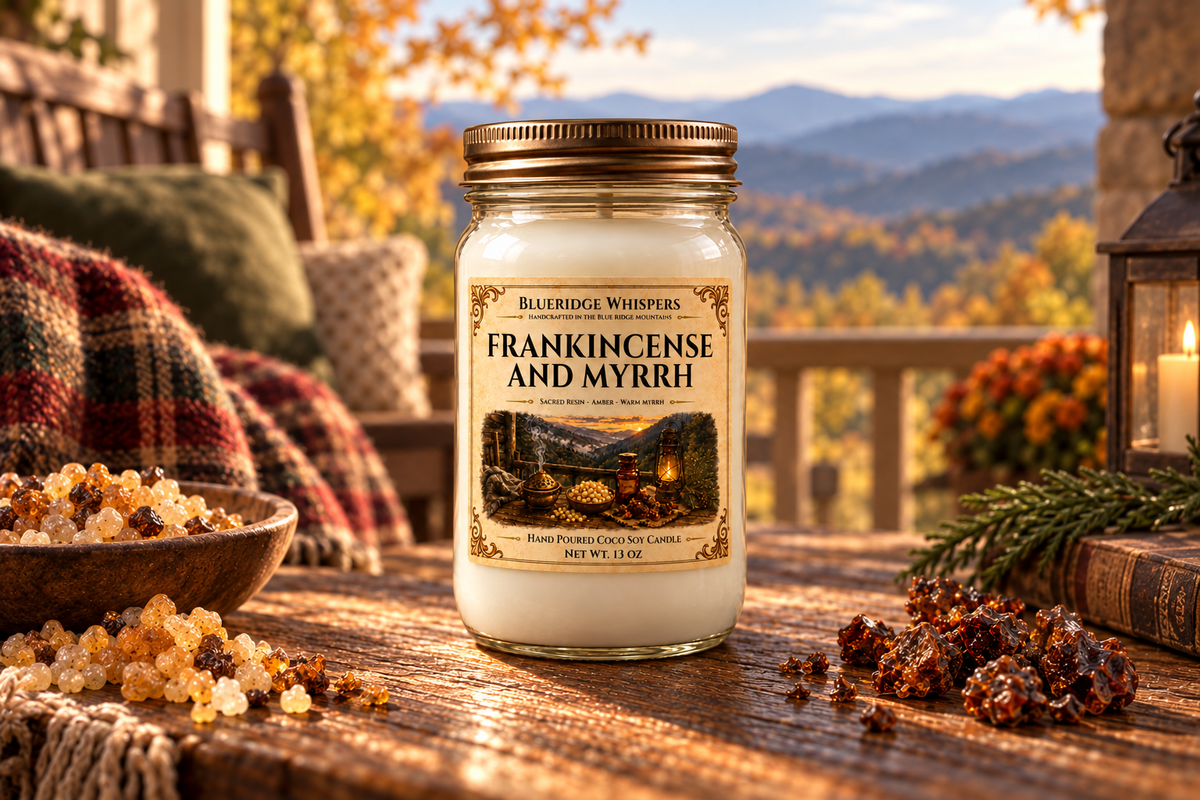 BRW Hero — Frankincense & Myrrh – Resinous Coco-Soy Candle in an Appalachian home