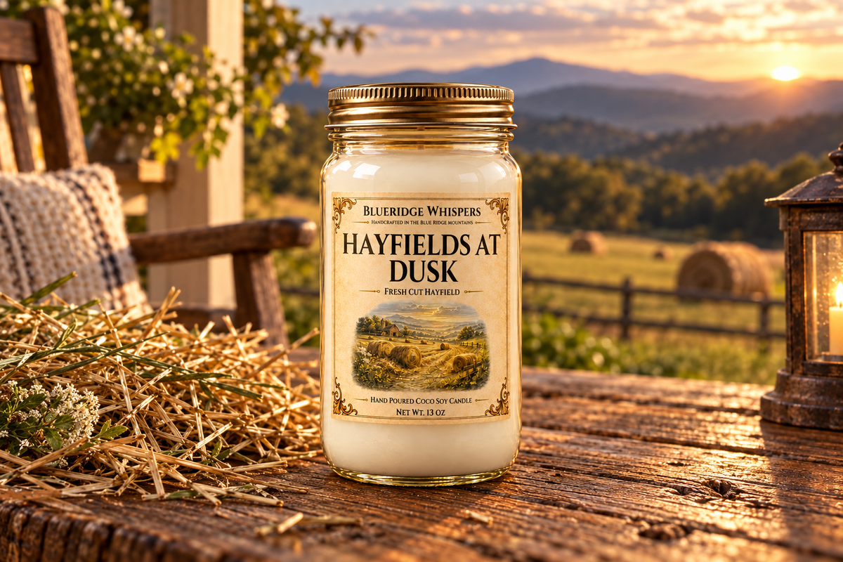 BRW Hero — Hayfield at Dusk – Fresh Hay Coco-Soy Candle in an Appalachian home