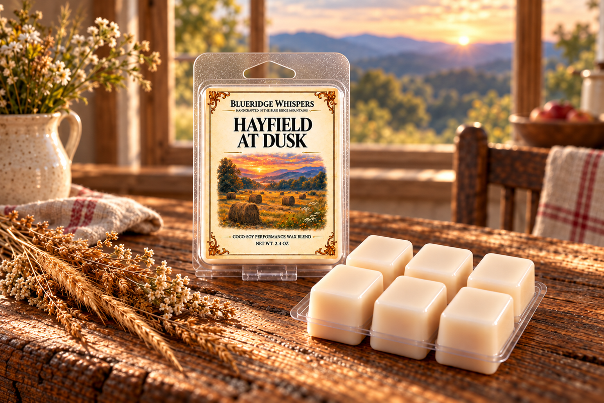 BRW Hero — Hayfield at Dusk – Hand Poured Soy Wax Melts in an Appalachian home