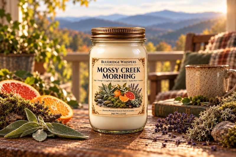 BRW Hero — Mossy Creek Morning – Oakmoss & Sage Coco-Soy Candle in an Appalachian home