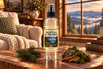 Nightfall in the Pines Room & Fabric Spray, net wt 7 oz, in a clear fine-mist bottle beside a Blue Ridge mountain window
