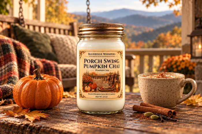BRW Hero — Porch Swing Pumpkin Chai – Spiced Coco-Soy Candle in an Appalachian home