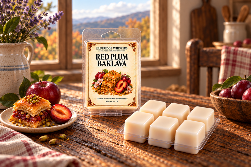BRW Hero — Red Plum Baklava Soy Wax Melts in an Appalachian home