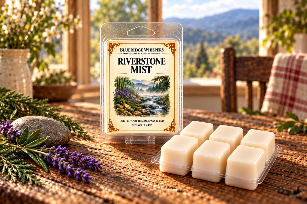 BRW Hero — Riverstone Mist Wax Melts – Marine, Lavender & Cedar in an Appalachian home