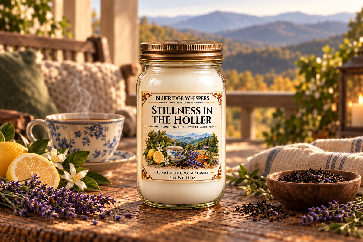 BRW Hero — Stillness in the Holler – Black Tea & Lavender Coco-Soy Candle in an Appalachian home