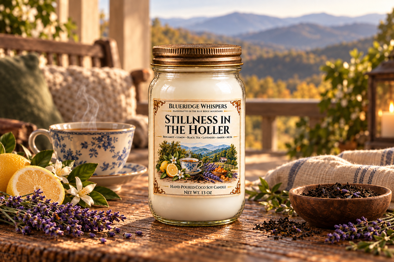 BRW Hero — Stillness in the Holler – Black Tea & Lavender Coco-Soy Candle in an Appalachian home