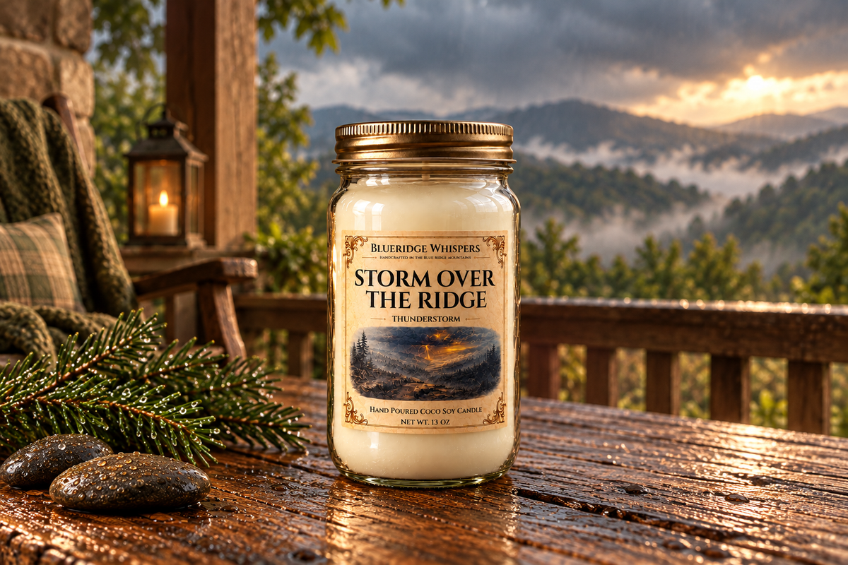 BRW Hero — Storm Over the Ridge – Rain Coco-Soy Candle in an Appalachian home