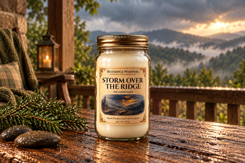 BRW Hero — Storm Over the Ridge – Rain Coco-Soy Candle in an Appalachian home