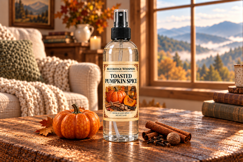 Toasted Pumpkin Spice Room & Fabric Spray, net wt 7 oz, in a clear fine-mist bottle beside a Blue Ridge mountain window