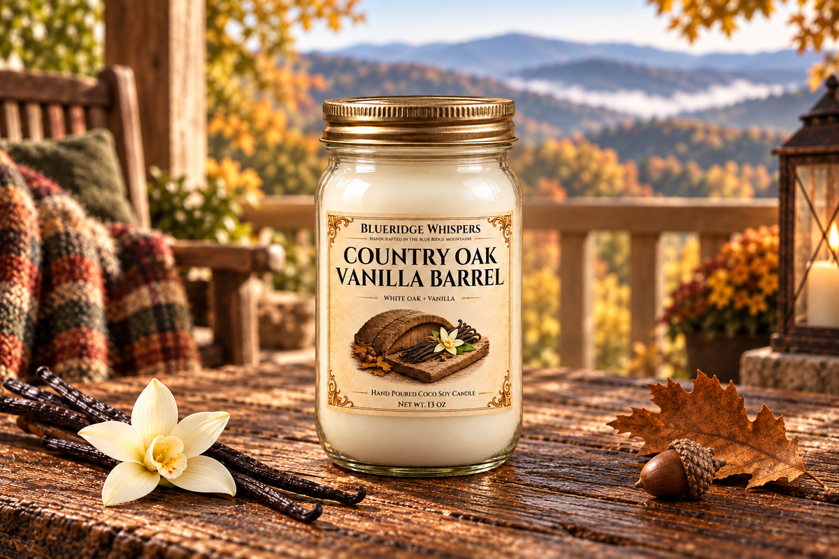 BRW Hero — Country Oak Vanilla Barrel – Oak & Vanilla Coco-Soy Candle in an Appalachian home